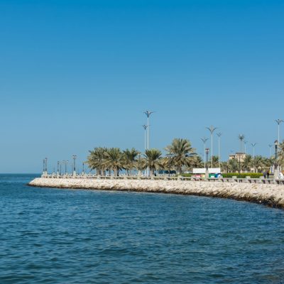 Blue sea and green date palm trees in the corniche park in Dammam, Saudi Arabia