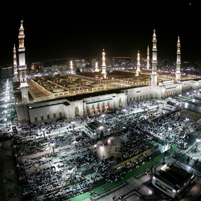 MEDINA, SAUDI ARABIA - JANUARY 13: Muslim pilgramges pray the Al-Esha'a prayer in the Prophet Mohammed Mosque January 13 2005 in Medina, Saudi Arabia. Pilgrams began arriving in Saudi Arabia early this month in preparation for the annual hajj scheduled to take place in the last two weeks of January. Medina's landmark mosque is were Islam's Prophet Mohammed is buried and is Islam's second holiest shrine. (Photo/ Abid Katib/Getty Images)